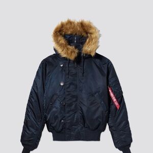 Alpha Industries Men's Navy Blue Short waist Parka Jacket with Faux Fur Trim